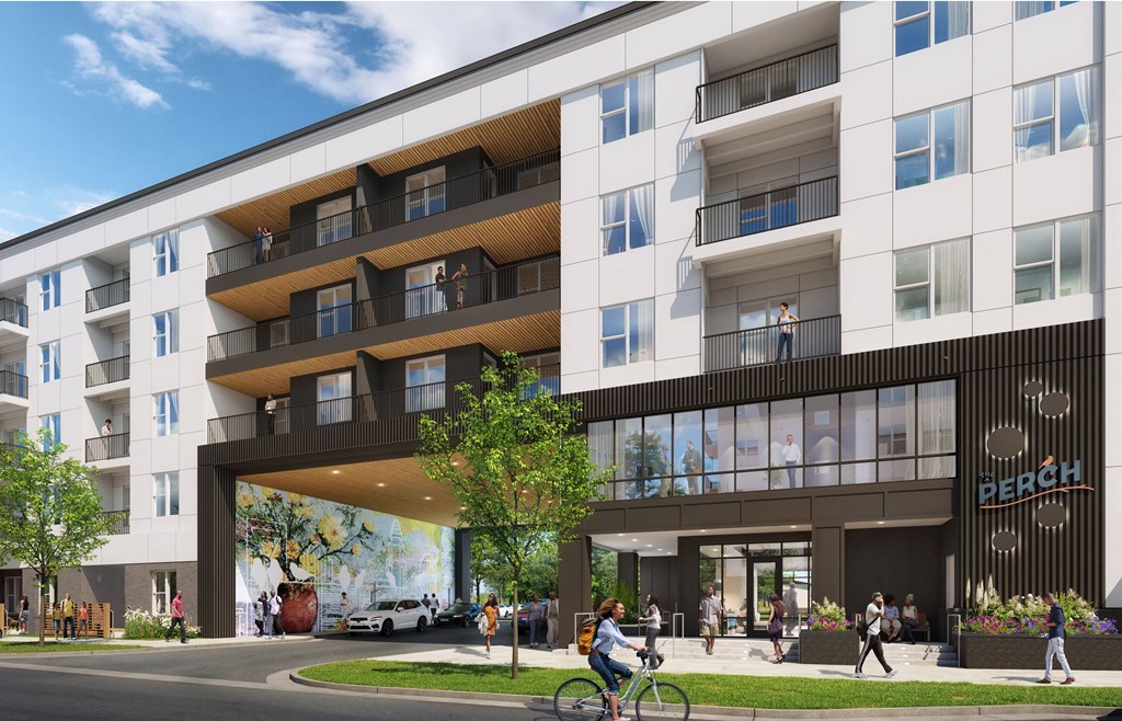 a rendering of an apartment building with people walking and riding bikes