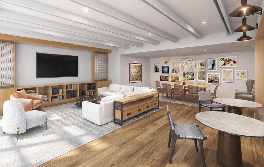 a rendering of a living room with couches and tables