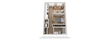 a stylized floor plan with a bedroom and a living room