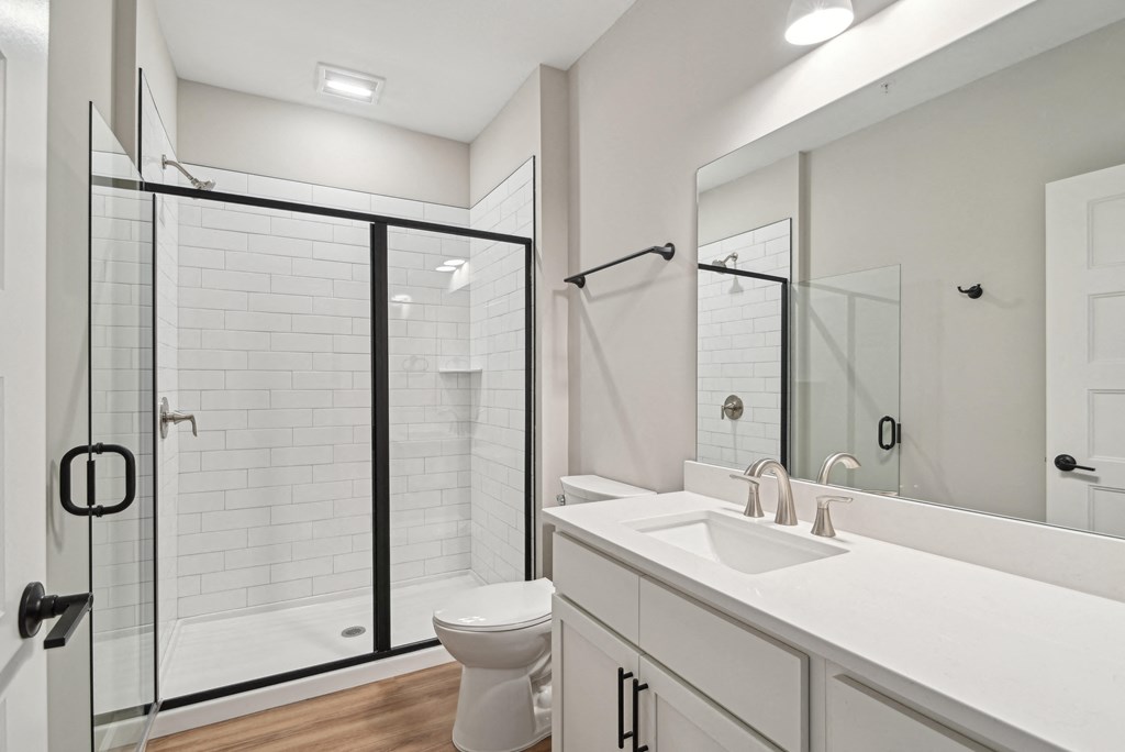 a bathroom with a shower sink and toilet and a mirror