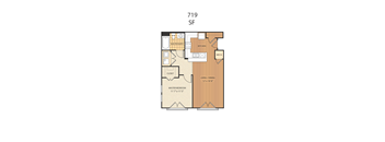 A floor plan of apartment number 719 SF, showing a master bedroom, a kitchen, a living/dining area, and a closet.