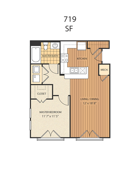 A floor plan of apartment number 719 SF, showing a master bedroom, a kitchen, a living/dining area, and a closet.