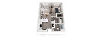 A 3D floor plan of a small apartment with a kitchen, living room, and bathroom.