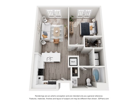 A 3D floor plan of a small apartment with a kitchen, living room, and bathroom.