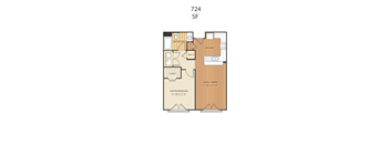 A floor plan of apartment number 724 SF showing the layout of the master bedroom, living/dining area, kitchen, and bathrooms.
