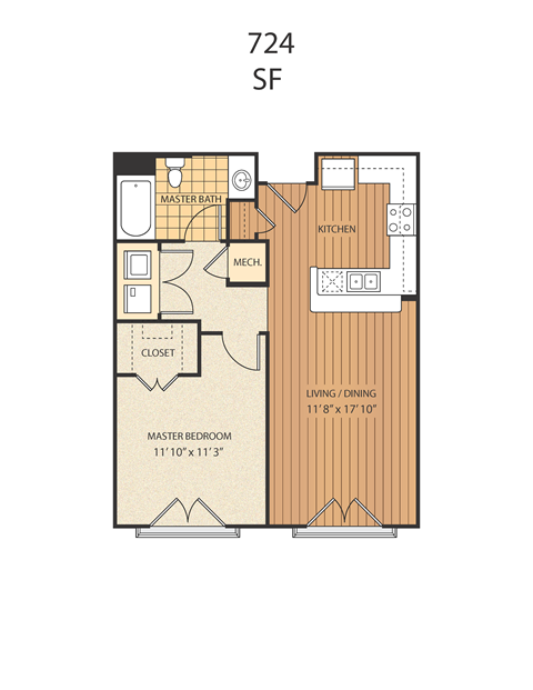 A floor plan of apartment number 724 SF showing the layout of the master bedroom, living/dining area, kitchen, and bathrooms.