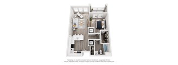 A 3D floor plan of a small apartment with a kitchen, living room, and bathroom.