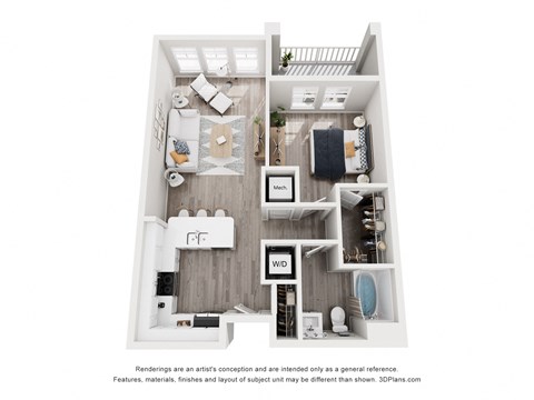 A 3D floor plan of a small apartment with a kitchen, living room, and bathroom.