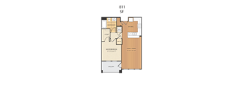 A floor plan of an apartment at 811 SF shows a master bedroom, a kitchen, a living area, and a balcony.