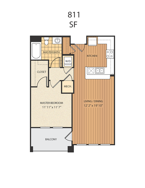 A floor plan of an apartment at 811 SF shows a master bedroom, a kitchen, a living area, and a balcony.