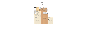 A floor plan of an apartment with a master bedroom, a kitchen, a living area, and a den.