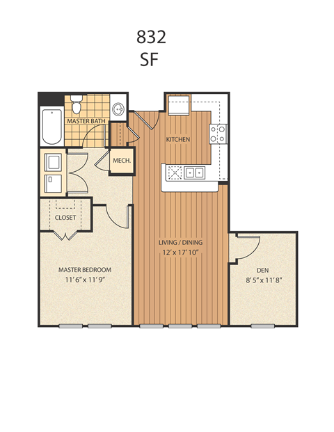A floor plan of an apartment with a master bedroom, a kitchen, a living area, and a den.