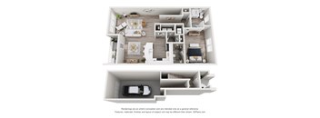 A 3D floor plan of a house with a kitchen, living room, and bedrooms.