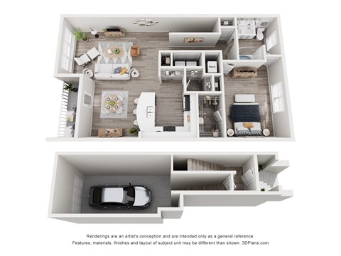 A 3D floor plan of a house with a kitchen, living room, and bedrooms.