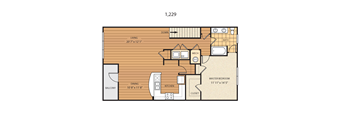A floor plan of a 1,229 square foot home with a master bedroom, dining area, kitchen, and bathroom.