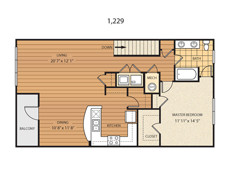 A floor plan of a 1,229 square foot home with a master bedroom, dining area, kitchen, and bathroom.