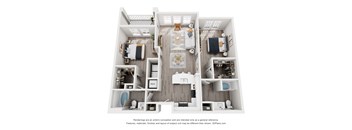 A 3D floor plan of a small apartment with a kitchen, living room, and bathroom.
