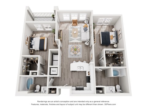 A 3D floor plan of a small apartment with a kitchen, living room, and bathroom.