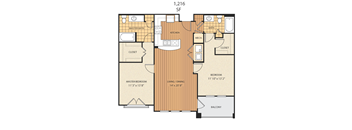 A floor plan of an apartment with a master bedroom, living room, and kitchen.