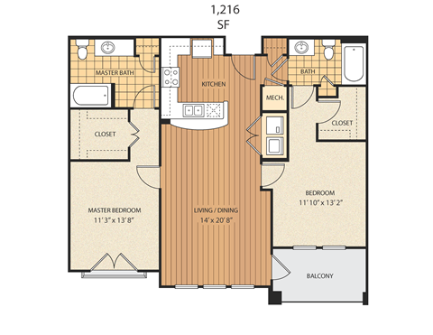A floor plan of an apartment with a master bedroom, living room, and kitchen.