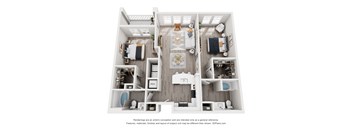 A 3D floor plan of a house with a kitchen, living room, and two bedrooms.