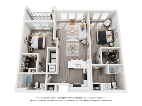 A 3D floor plan of a house with a kitchen, living room, and two bedrooms.