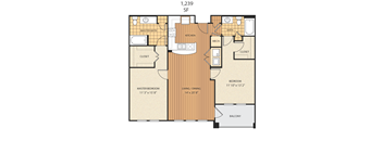 A floor plan of an apartment with a master bedroom, living room, and kitchen.