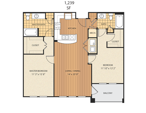 A floor plan of an apartment with a master bedroom, living room, and kitchen.