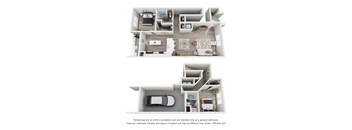 A 3D floor plan of a house with two bedrooms, a living room, a kitchen, a bathroom, and a garage.