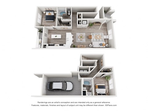 A 3D floor plan of a house with two bedrooms, a living room, a kitchen, a bathroom, and a garage.