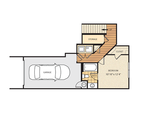A floor plan of a house with a garage, bedroom, bathroom, and storage space.
