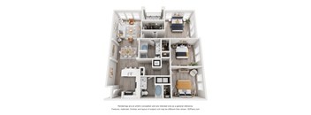 A 3D floor plan of a small apartment with a kitchen, living room, and bathroom.