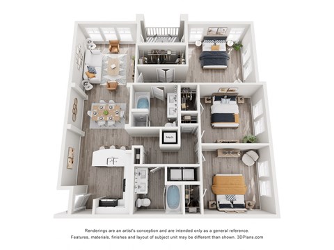A 3D floor plan of a small apartment with a kitchen, living room, and bathroom.