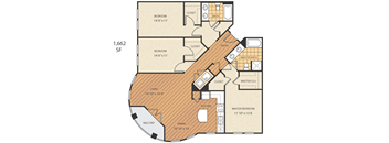 A floor plan of an apartment with a living room, two bedrooms, a dining room, a kitchen, a balcony, a master bath, and a master closet.