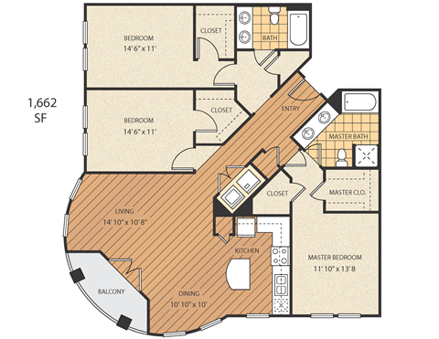 A floor plan of an apartment with a living room, two bedrooms, a dining room, a kitchen, a balcony, a master bath, and a master closet.