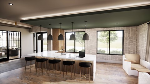 A modern kitchen with a bar area and a dining table.