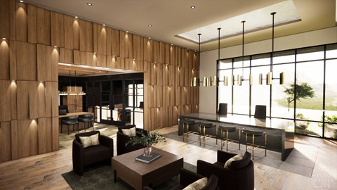 A modern living room with a wooden wall and a bar area.