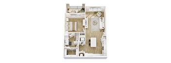A top-down view of a small apartment with a kitchen, living room, and bathroom.