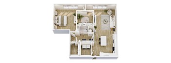 A top-down view of a well-organized apartment with a kitchen, living room, and bathroom.