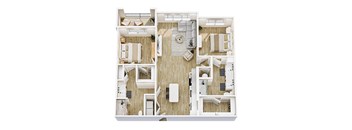 A top down view of a house interior with a kitchen, living room, and bedrooms.
