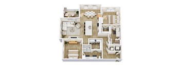 A top-down view of a modern apartment layout with various furniture pieces.
