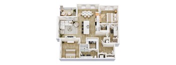 A top-down view of a modern, minimalist apartment layout with a kitchen, living room, and bedroom.