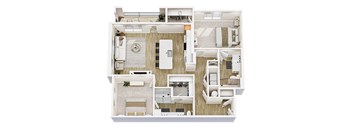 A top-down view of a modern, minimalist apartment with a central open-plan layout.