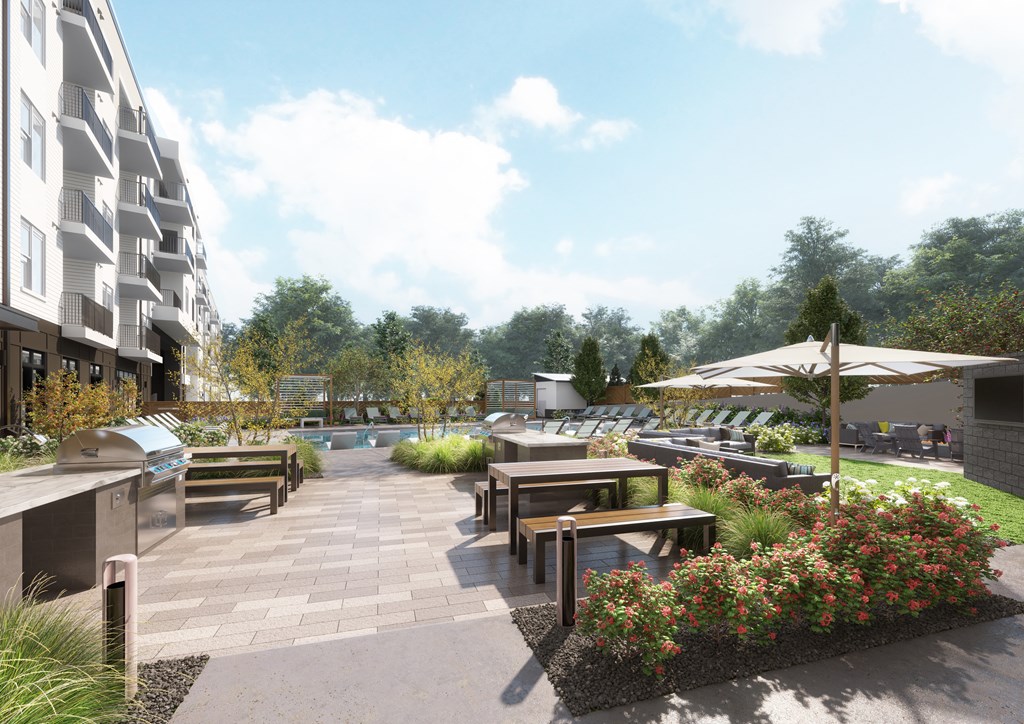 a rendering of a patio with tables and umbrellas in front of a building