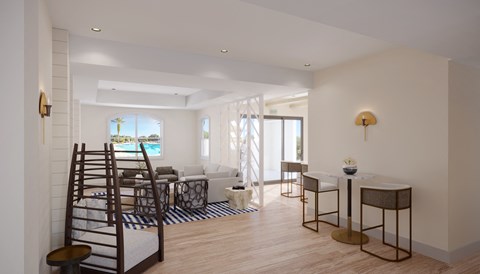 a living room with a spiral staircase and a dining room with tables and chairs