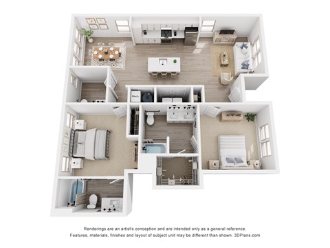A 3D floor plan of a house with multiple rooms.