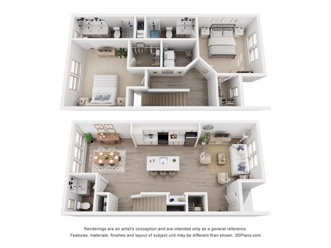 A 3D floor plan of a house with a kitchen, living room, and bedrooms.