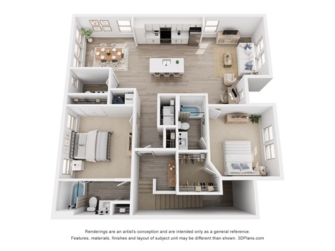 A 3D floor plan of a house with a kitchen, living room, dining room, and bedrooms.