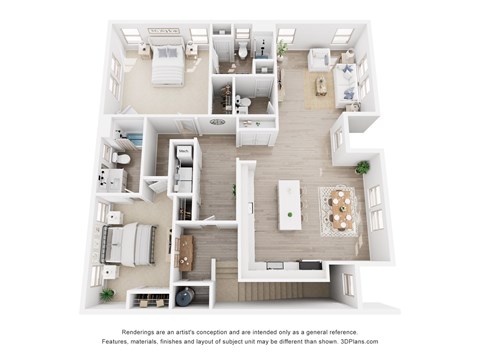 A 3D floor plan of a house with a kitchen, living room, and bedrooms.