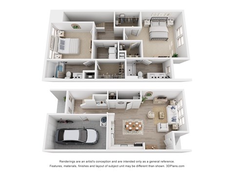 A white 3D floor plan of a house with a kitchen, living room, and bedrooms.